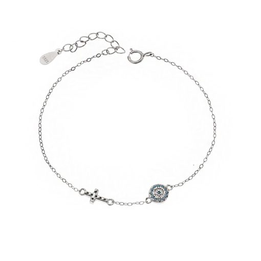 Βραχιόλι Senza Silver 925, Ματάκι και σταυρός με τυρκουάζ ζιργκόν