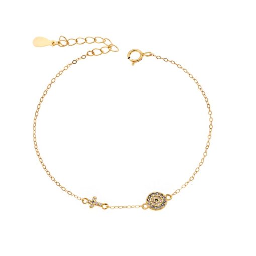 Βραχιόλι Senza Silver 925 Gold Plated, Ματάκι γαλάζιο και σταυρός με ζιργκόν