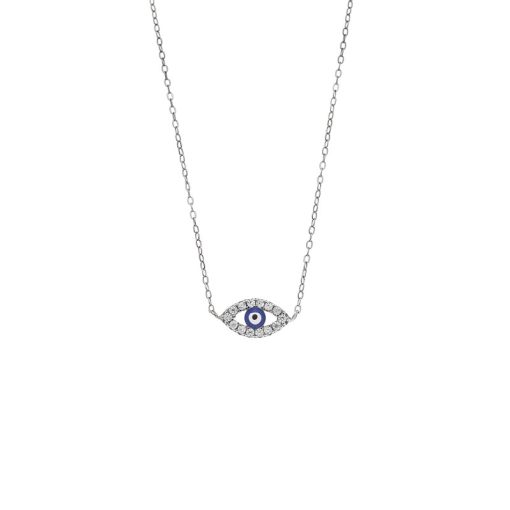Κολιέ Senza Silver 925, Ματάκι μπλε με σμάλτο και λευκά ζιργκόν