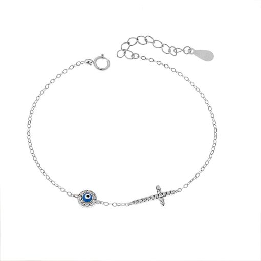Βραχιόλι Senza Silver 925, ματάκι γαλάζιο με σμάλτο και σταυρός με ζιργκόν