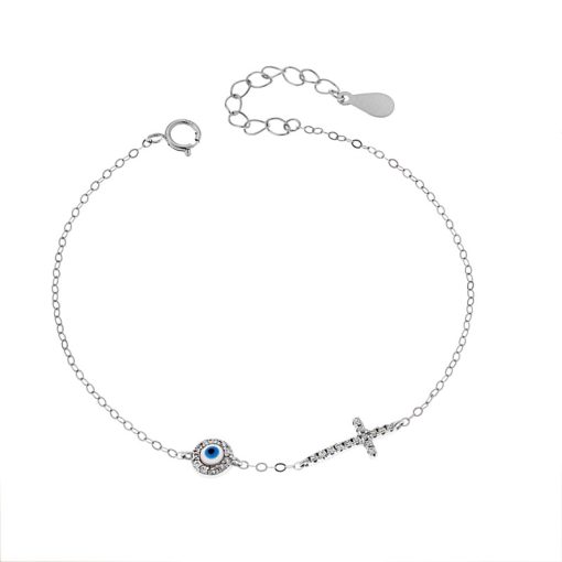 Βραχιόλι Senza Silver 925, ματάκι λευκό & γαλάζιο με σμάλτο και σταυρός με ζιργκόν