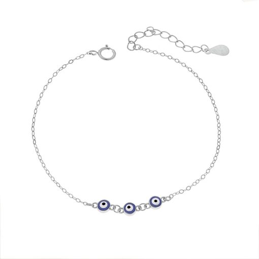 Βραχιόλι Senza Silver 925, τριπλό μπλε ματάκι με σμάλτο