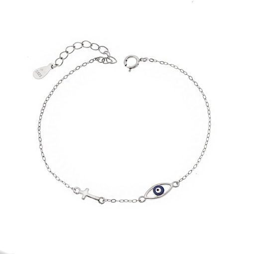 Βραχιόλι Senza Silver 925, Μάτι με σμάλτο και σταυρουδάκι