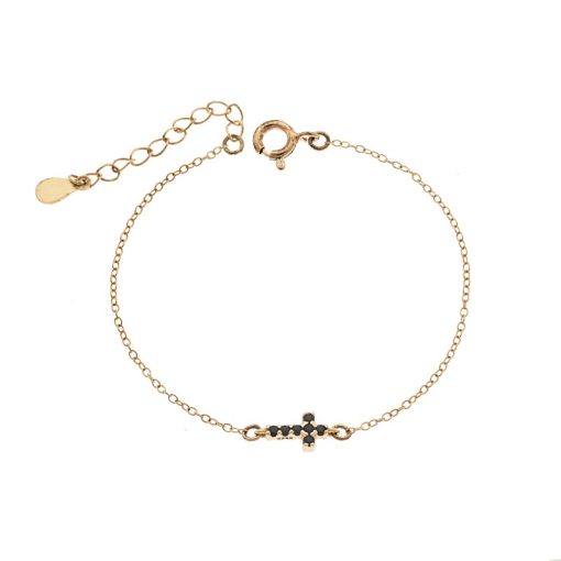 Βραχιόλι Senza Silver 925 Gold Plated, σταυρός με μαύρα & λευκά ζιργκόν διπλής όψης