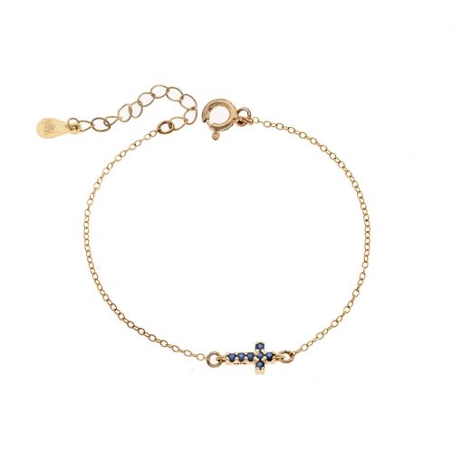 Βραχιόλι Senza Silver 925 Gold Plated, σταυρός με μπλε & λευκά ζιργκόν διπλής όψης
