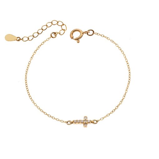 Βραχιόλι Senza Silver 925 Gold Plated, σταυρός με φούξια & λευκά ζιργκόν διπλής όψης