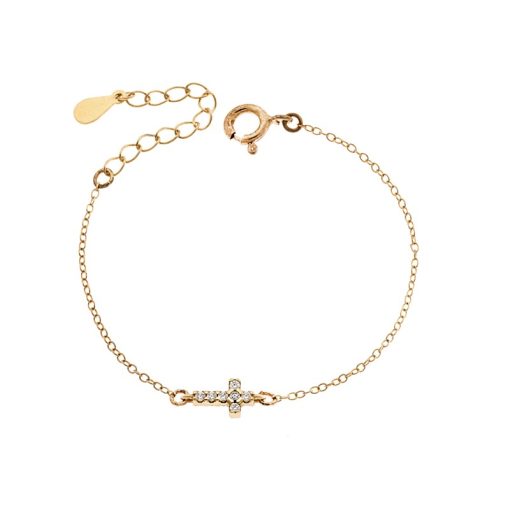 Βραχιόλι Senza Silver 925 Gold Plated, σταυρός με πράσινα & λευκά ζιργκόν διπλής όψης