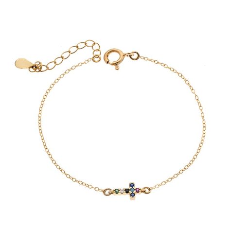 Βραχιόλι Senza Silver 925 Gold Plated, σταυρός με πολύχρωμα & λευκά ζιργκόν διπλής όψης