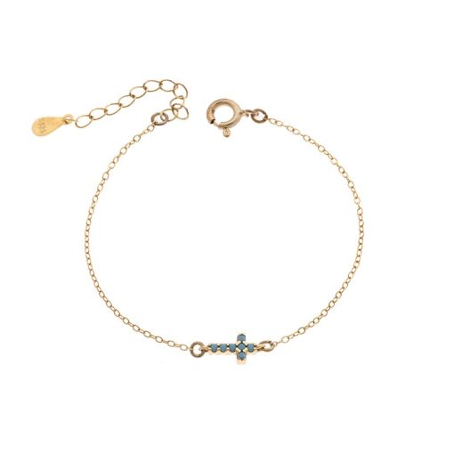 Βραχιόλι Senza Silver 925 Gold Plated, σταυρός με τυρκουάζ & λευκά ζιργκόν διπλής όψης