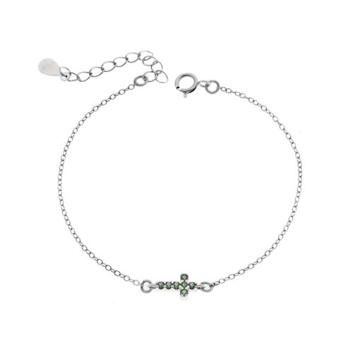 Βραχιόλι Senza Silver 925, σταυρός με πράσινα & λευκά ζιργκόν διπλής όψης