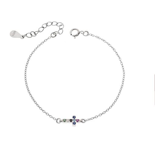 Βραχιόλι Senza Silver 925, σταυρός με πολύχρωμα & λευκά ζιργκόν διπλής όψης