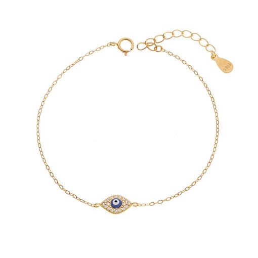 Βραχιόλι Senza Silver 925 Gold Plated, Μάτι με μπλε σμάλτο και ζιργκόν