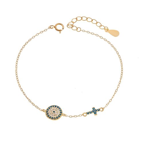 Βραχιόλι Senza Silver 925 Gold Plated, Μάτι-στόχος και σταυρός με τυρκουάζ ζιργκόν