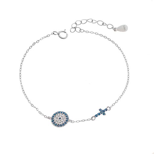 Βραχιόλι Senza Silver 925, Μάτι-στόχος και σταυρός με τυρκουάζ ζιργκόν